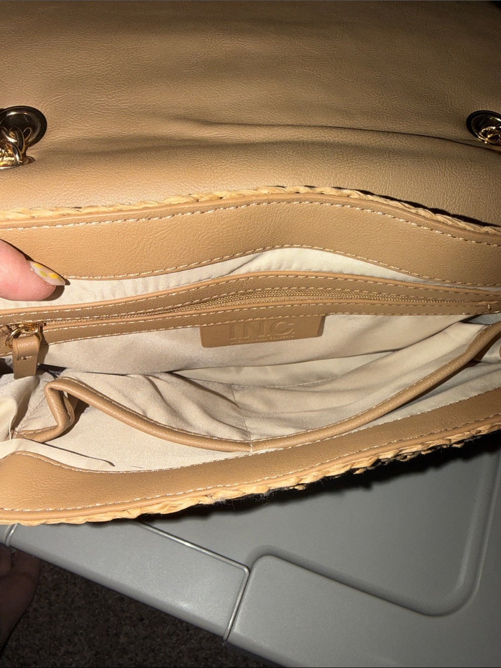 INC International Concepts Beige Woven Straw Satchel with Gold Studs - Picture 7 of 8